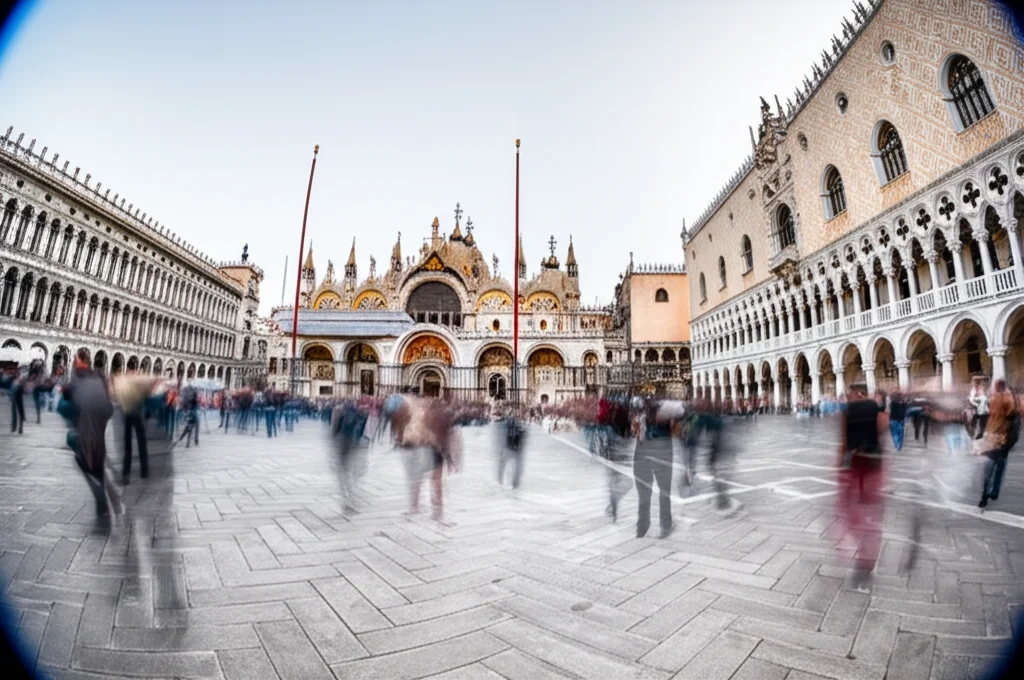Una folla stilizzata di turisti in una piazza iconica italiana come Piazza San Marco a Venezia, alcuni disegnati in modo solido e altri come sagome trasparenti o 'fantasma' per rappresentare il turismo non osservato e sommerso. Obiettivo grandangolare 20mm per catturare l'ampiezza della piazza, messa a fuoco nitida sull'intera scena, alcuni turisti in movimento leggermente sfocato per dare dinamicità.