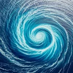 Vista aerea fotorealistica di un grande vortice oceanico (eddy) sulla superficie del mare, con differenze di colore dell'acqua che ne evidenziano la rotazione ciclonica. Luce solare che si riflette sull'acqua. Lente grandangolare 20mm, paesaggio oceanico, sharp focus.