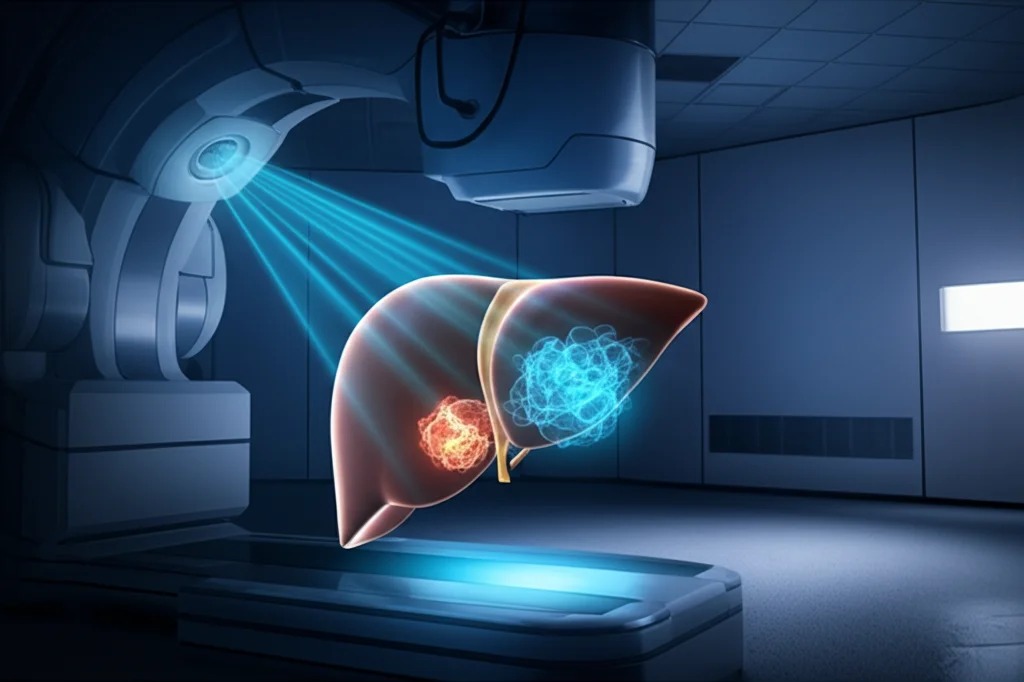 Visualizzazione 3D avanzata del fegato con metastasi evidenziate, sovrapposta a un piano di trattamento radioterapico SBRT che mostra fasci di radiazioni convergenti sul tumore. Ambiente high-tech, illuminazione drammatica, obiettivo 50mm per un effetto realistico e dettagliato.