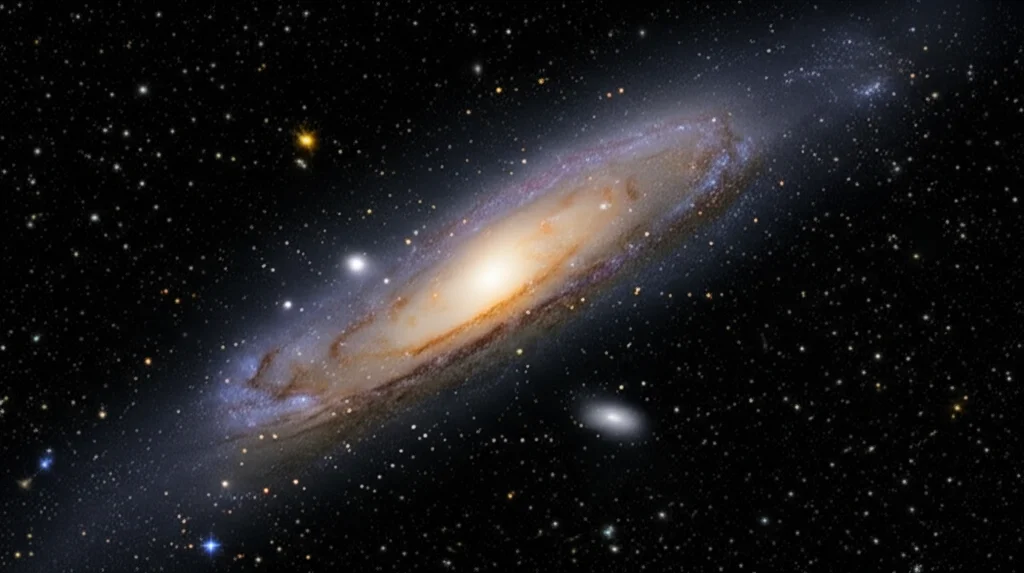 Visualizzazione artistica ultra-realistica basata sui dati DESI DR1, che mostra la vasta rete cosmica di galassie e filamenti di materia oscura su larga scala. In primo piano, una simulazione di una supernova di Tipo Ia in una galassia ospite. L'immagine combina dati astronomici con un rendering fotorealistico, wide-angle 10mm, long exposure, sharp focus, per illustrare la misurazione dell'espansione cosmica e la tensione di Hubble.