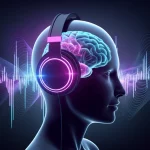 Concetto artistico di un cervello umano stilizzato connesso a cuffie luminose, da cui emanano onde sonore digitali che si classificano automaticamente in diversi generi musicali (Rock, Jazz, Pop, Classica), fotografia ritratto, obiettivo 35mm, profondità di campo, duotone blu e viola.