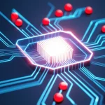 Concetto astratto di difesa cross-layer in una rete wireless ad-hoc. Strati di rete stilizzati e sovrapposti (fisico, MAC, rete) con linee luminose che indicano lo scambio di informazioni tra loro. Al centro, un algoritmo E-SVM rappresentato come un nucleo computazionale brillante identifica e isola nodi malevoli rossi all'interno di una rete blu interconnessa. Stile high-tech futuristico, obiettivo grandangolare 24mm, focus nitido su tutta la scena, illuminazione vibrante e dinamica.