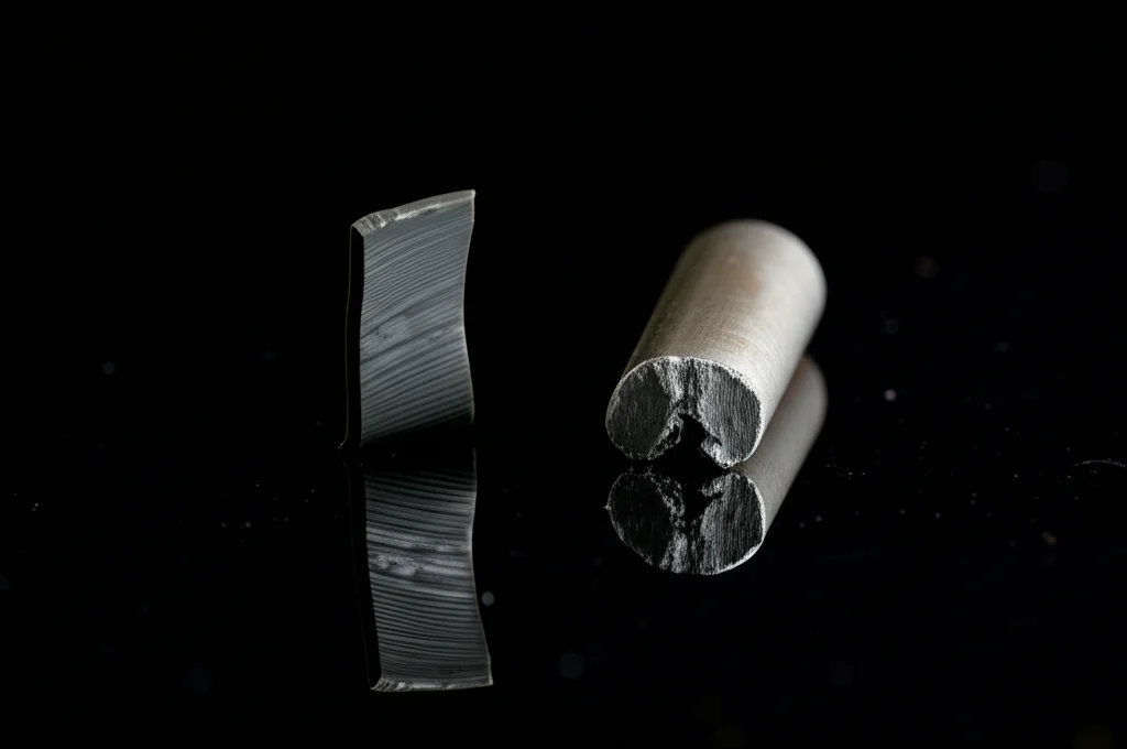 Fotografia still life, macro 105mm, di un pezzo flessibile del nuovo ionogel composito FRCI rinforzato con fibre di carbonio, piegato a dimostrare la sua flessibilità, accanto a una barra di metallo spezzata, simboleggiando la superiore resistenza alla frattura del nuovo materiale rispetto ai metalli. Illuminazione controllata e drammatica, alta definizione, sfondo scuro per esaltare i materiali.