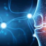 Immagine concettuale fotorealistica, obiettivo 35mm, che mostra una radiografia stilizzata di una tibia con un chiodo intramidollare sovrapposta a un cervello digitale luminoso fatto di circuiti neurali interconnessi, simboleggiando l'unione tra ortopedia e intelligenza artificiale, sfondo blu scuro tecnologico, profondità di campo che sfoca lo sfondo.
