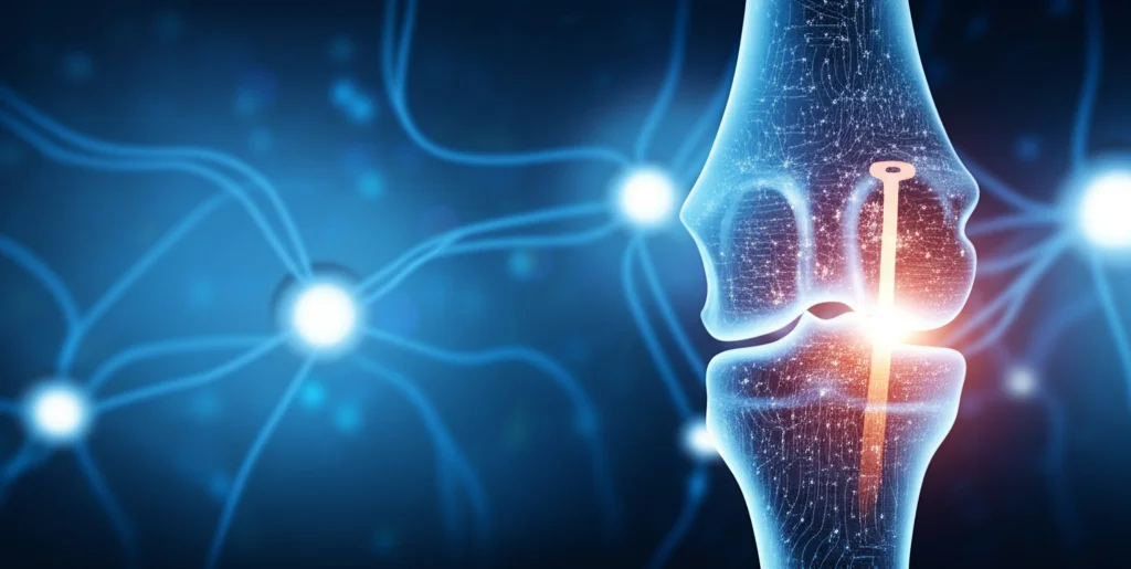 Immagine concettuale fotorealistica, obiettivo 35mm, che mostra una radiografia stilizzata di una tibia con un chiodo intramidollare sovrapposta a un cervello digitale luminoso fatto di circuiti neurali interconnessi, simboleggiando l'unione tra ortopedia e intelligenza artificiale, sfondo blu scuro tecnologico, profondità di campo che sfoca lo sfondo.