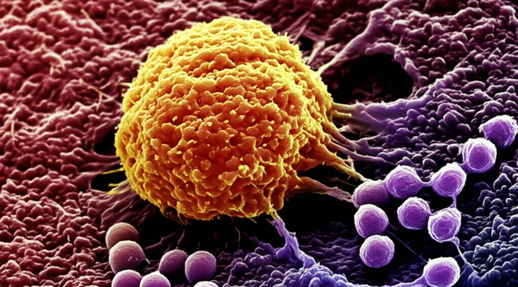 Immagine fotorealistica al microscopio elettronico a scansione colorata artificialmente che mostra un macrofago (grande cellula immunitaria, YTHDC2-alto, aspetto attivo) mentre interagisce attivamente con cellule tumorali del cancro al seno triplo negativo più piccole, alta definizione, focus selettivo sul punto di contatto, illuminazione laterale per evidenziare le texture cellulari, lente macro 90mm.