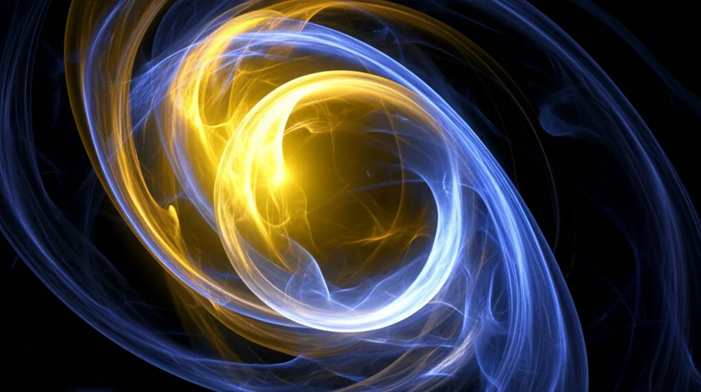 Immagine fotorealistica concettuale: una sfera trasparente luminosa (rappresentante il 'sistema') sospesa al centro di un ambiente dinamico e astratto. Intorno ad essa si intrecciano flussi energetici vibranti, alcuni di colore giallo dorato (benefici) che convergono verso la sfera, altri di colore blu scuro e turbolenti (deleteri) che a tratti la lambiscono o vengono deviati. L'illuminazione è drammatica, con luci e ombre che enfatizzano l'interazione. Obiettivo prime 50mm, profondità di campo ridotta per focalizzare sulla sfera e sui flussi più vicini, suggerendo l'analisi dettagliata dell'interfaccia sistema-ambiente.
