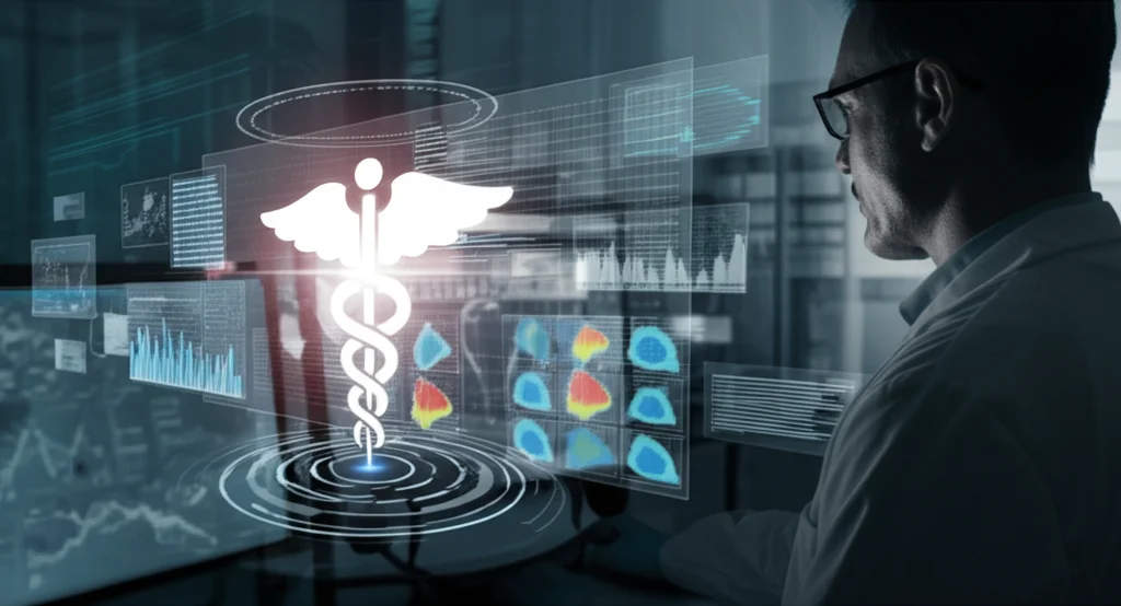 Immagine fotorealistica di un ricercatore in laboratorio che osserva dati complessi su uno schermo olografico che mostra grafici di citometria a flusso, espressione genica WT1 e sequenziamento NGS, che si combinano per formare un percorso luminoso verso un simbolo di guarigione; luce soffusa, focus sui dati, lente prime 35mm, stile film noir con duotono blu e grigio.