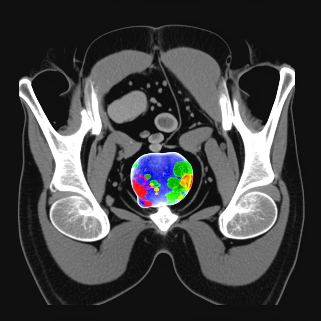Immagine medica avanzata che mostra una scansione PET/CT del corpo umano focalizzata sulla prostata, evidenziando aree tumorali con colori brillanti su uno sfondo scuro, tecnologia medica, alta risoluzione, illuminazione controllata, lente prime 35mm, profondità di campo.