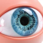 Macro fotografia, 100mm lens, di un patch di idrogel trasparente e leggermente viscoso applicato con cura sulla superficie di un modello di occhio umano, evidenziando la sua chiarezza e proprietà adesive. Illuminazione controllata, alto dettaglio, messa a fuoco precisa sull'interfaccia idrogel-occhio.