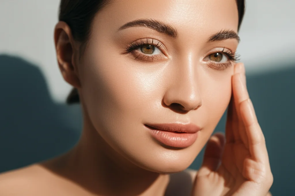 Ritratto fotorealistico di una donna con pelle radiosa e dal tono uniforme, dall'aspetto sano e sicuro di sé, luce naturale morbida, obiettivo primario 50mm, profondità di campo, suggerendo gli effetti positivi della cura della pelle.