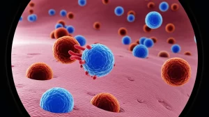Visualizzazione artistica del microbiota intestinale che interagisce con cellule immunitarie nel contesto dell'infezione da HIV, stile macrofotografia, lente 90mm, illuminazione controllata, alta definizione, sfondo sfocato per profondità di campo.