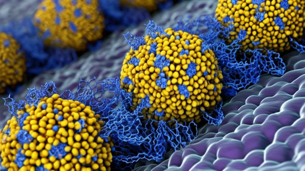 Visualizzazione artistica fotorealistica di nanoparticelle mPEG-PLGA che interagiscono con la membrana di batteri Gram-negativi, rilasciando molecole di colistina (blu) e niclosamide (giallo) per combattere la resistenza agli antibiotici. Illuminazione drammatica che evidenzia l'interazione molecolare, obiettivo macro 85mm, alta definizione.
