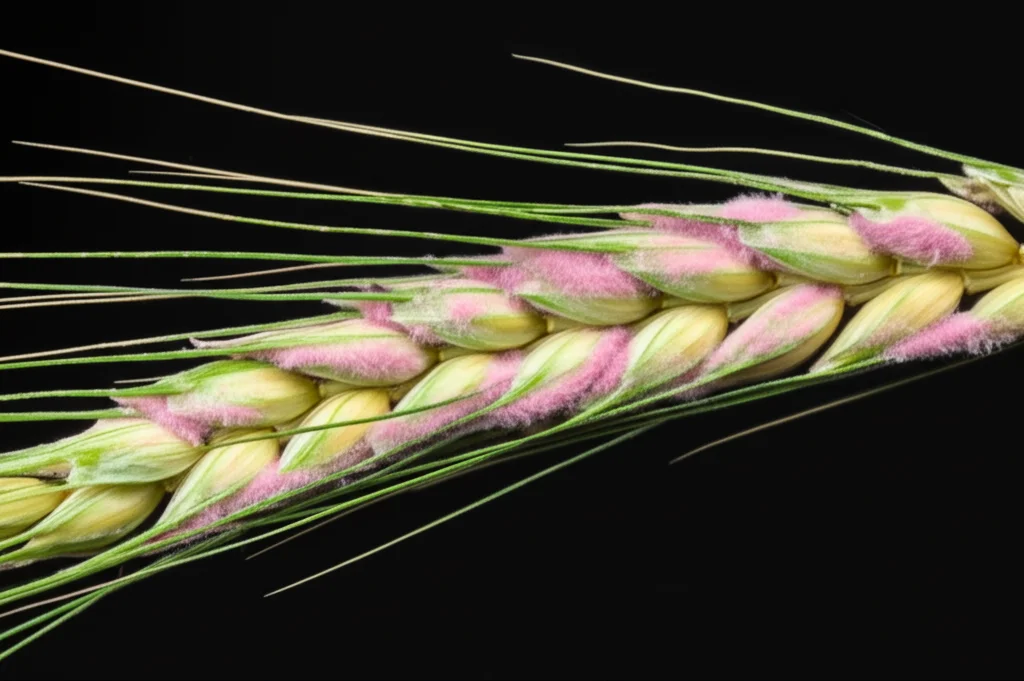 Fotografia macro, obiettivo 90mm, primo piano di una spiga di grano che mostra sintomi evidenti di Fusariosi della spiga (FHB), con crescita fungina rosata sulle spighette, alto dettaglio, illuminazione controllata, aspetto leggermente avvizzito.