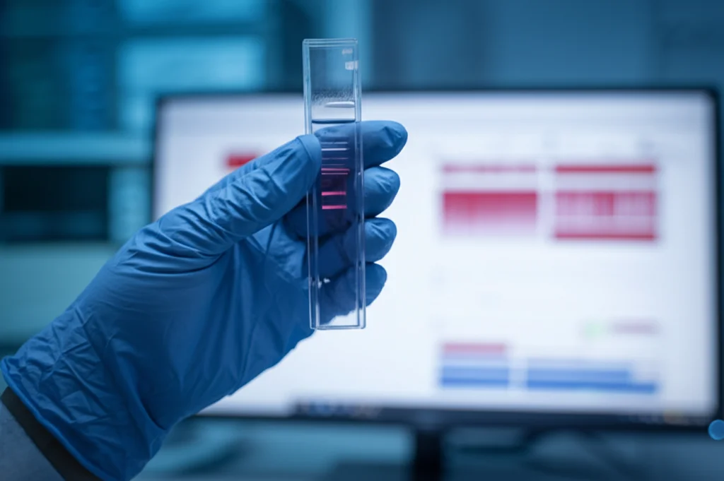 Ambientazione di laboratorio, primo piano di un gel di sequenziamento del DNA o analisi bioinformatica su schermo di computer che mostra mappe di calore dell'espressione genica, profondità di campo ridotta, obiettivo prime da 50mm, tonalità duotone blu freddo e grigio.