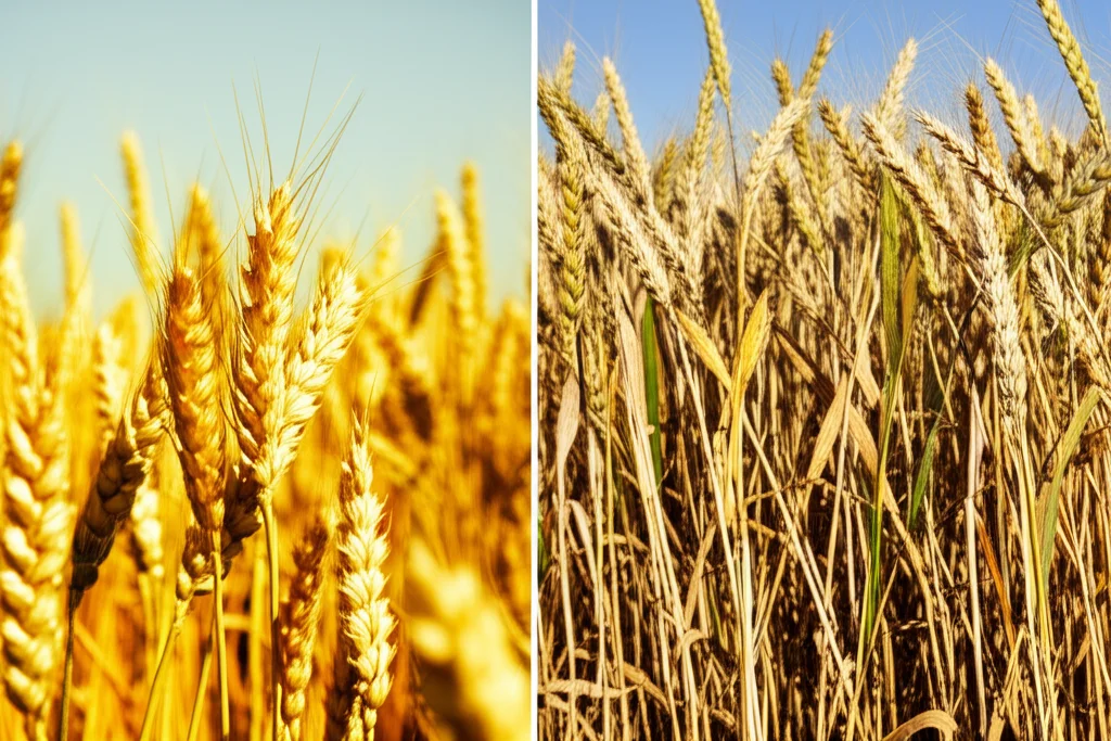 Immagine divisa: lato sinistro mostra spighe di grano sane e dorate in un campo sotto la luce del sole; lato destro mostra spighe di grano colpite dalla Fusariosi della spiga, illuminazione leggermente più scura. Grandangolo paesaggistico, obiettivo 20mm, messa a fuoco nitida.