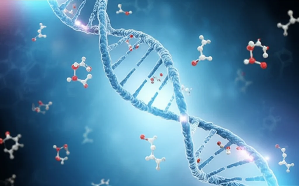 Rappresentazione astratta di una doppia elica di DNA intrecciata con strutture molecolari che rappresentano il glutatione, effetto luminoso sottile, obiettivo macro, 100mm, alto dettaglio, messa a fuoco precisa.