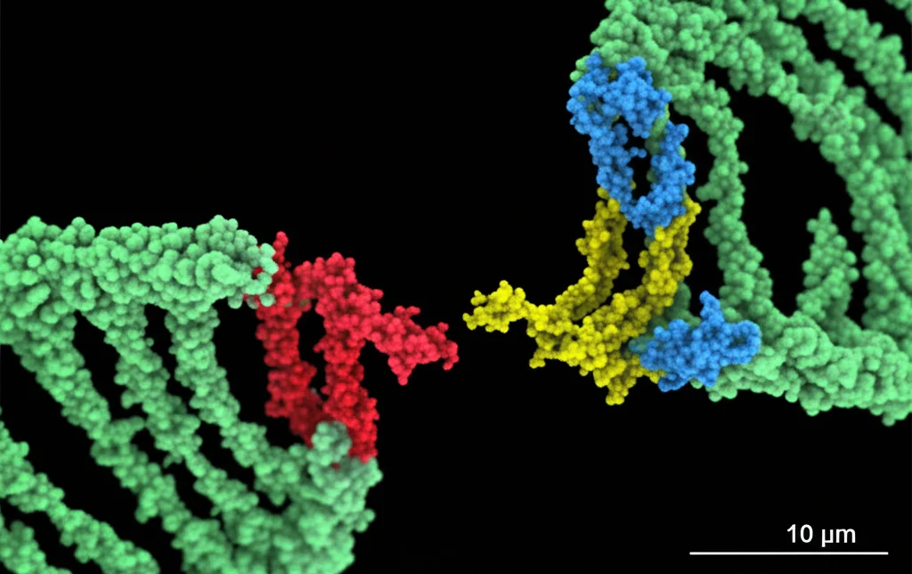 Visualizzazione microscopica ad alta risoluzione di una doppia elica di DNA danneggiata (rottura a doppio filamento) con proteine Ku80 (distinguibili per colore/forma) che si legano alle estremità rotte. Illuminazione controllata per evidenziare i dettagli molecolari, obiettivo macro 100mm, focus preciso sulle proteine e sul sito di rottura.