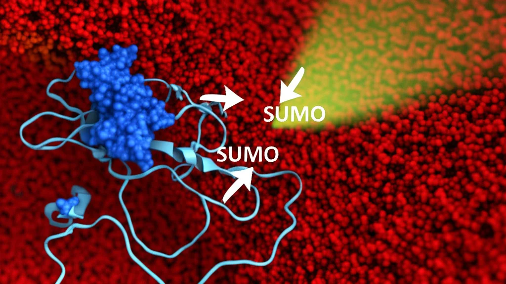 Illustrazione concettuale del 'switch' PTM sulla proteina Ku80 al sito K568. Metà della proteina mostra il gruppo crotonile (colore blu), l'altra metà mostra il gruppo SUMO (colore rosso), con frecce che indicano la transizione indotta dal danno al DNA (simboleggiato da raggi). Stile fotorealistico ma concettuale, profondità di campo per focalizzare sull'area K568, obiettivo prime 35mm.