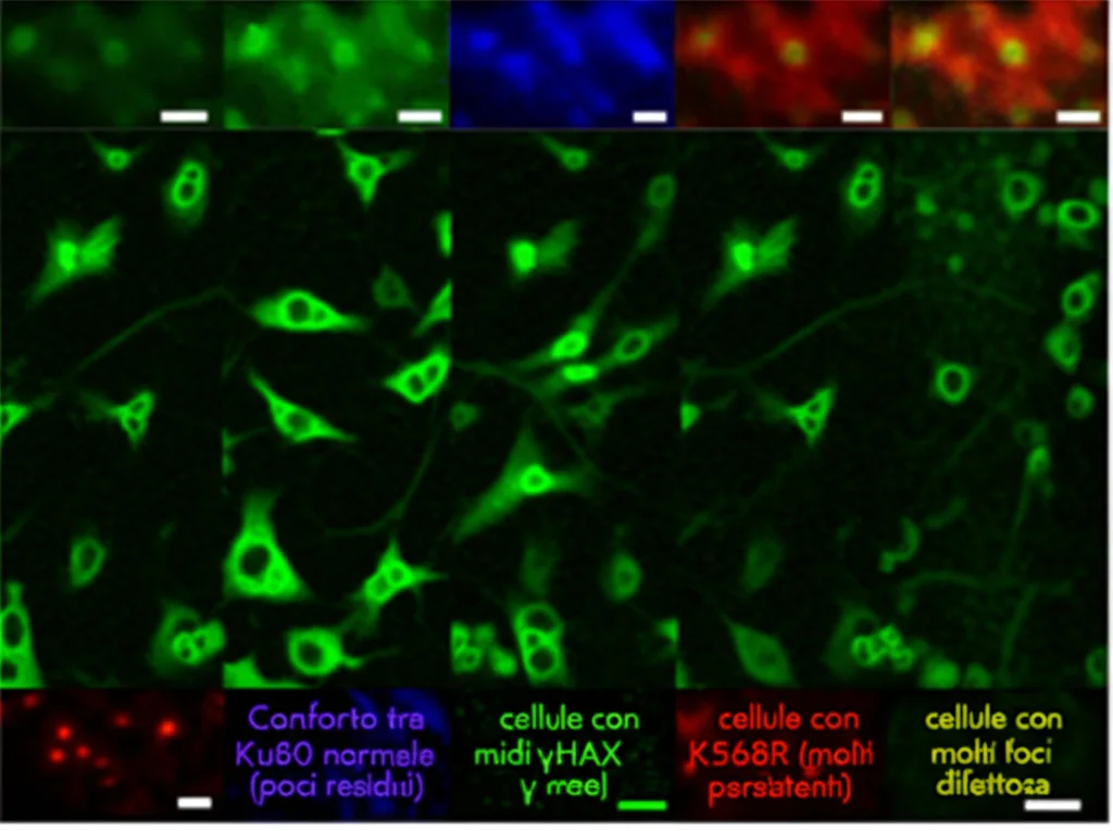 Immagine al microscopio elettronico (simulata) di cellule tumorali HeLa che mostrano segni di danno al DNA (foci γ-H2AX evidenziati in verde fluorescente) dopo irradiazione. Confronto tra cellule con Ku80 normale (pochi foci residui) e cellule con mutazione K568R (molti foci persistenti), indicando riparazione difettosa. Dettagli elevati, illuminazione da laboratorio, obiettivo macro 60mm.