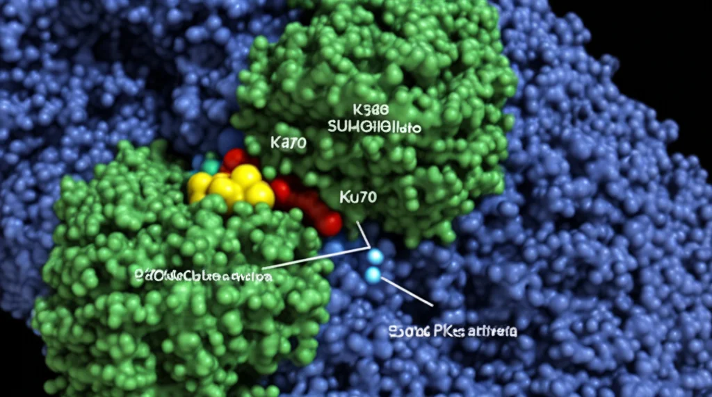 Modello 3D fotorealistico del complesso DNA-PK assemblato su un filamento di DNA rotto. Evidenziare l'interazione tra Ku80 (con il sito K568 SUMOilato visibile in giallo), Ku70 (blu) e DNA-PKcs attivata (verde, con fosforilazione S2056 indicata da una sfera luminosa). Focus sui punti di contatto, illuminazione drammatica per enfatizzare la complessità molecolare, obiettivo macro 90mm, alta definizione.