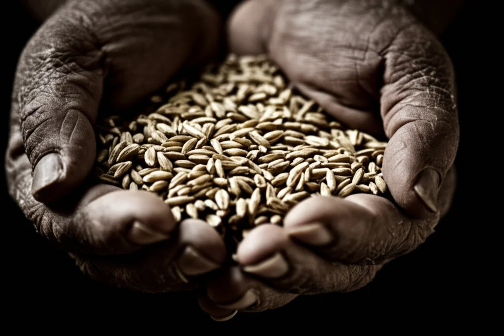 Fotografia macro 90mm di mani screpolate che tengono pochi chicchi di grano, illuminazione controllata, alta definizione, a simboleggiare la scarsità di cibo nel Tigray.