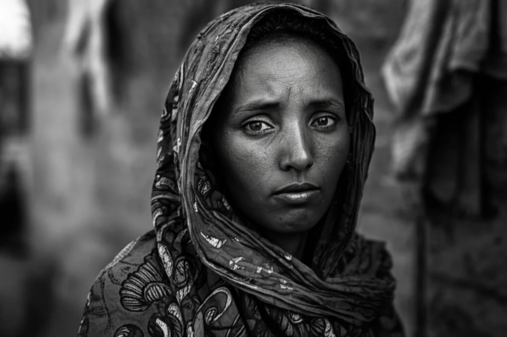 Ritratto 35mm di una madre etiope preoccupata che guarda un piatto quasi vuoto, stile film noir, profondità di campo ridotta, bianco e nero, per esprimere l'angoscia della crisi alimentare nel Tigray.