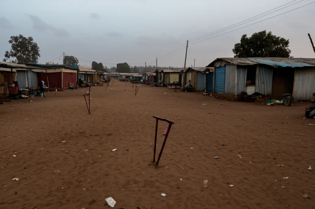 Fotografia grandangolare 20mm di un mercato deserto a Mekelle, Tigray, con poche bancarelle vuote, luce del tardo pomeriggio, atmosfera cupa, a simboleggiare il collasso economico e la scarsità di cibo.