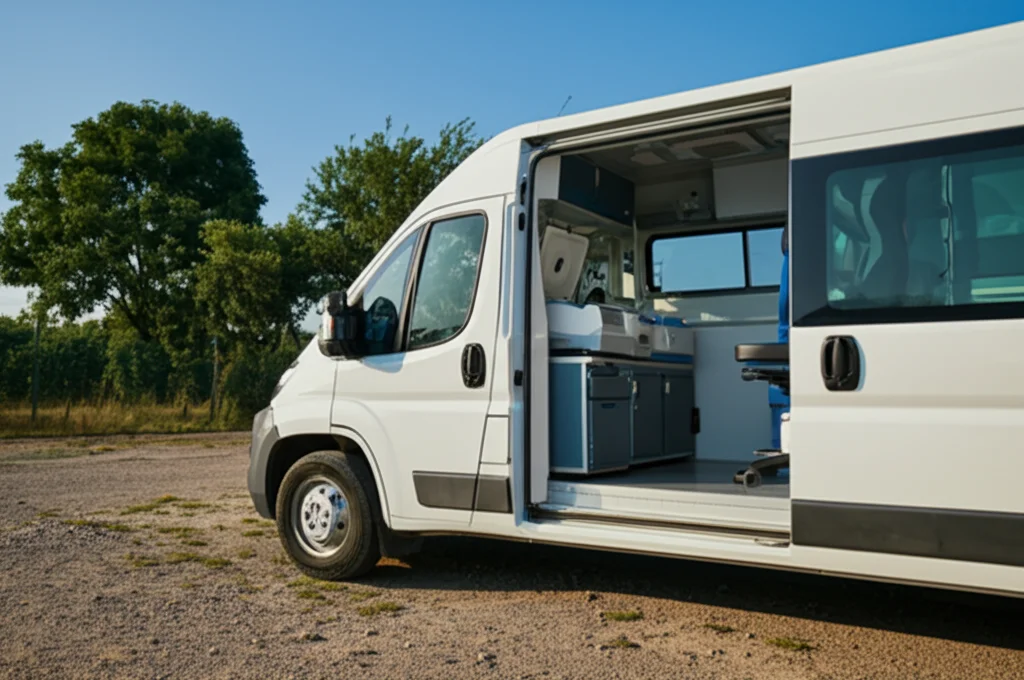 Fotografia realistica di un furgone bianco moderno convertito in laboratorio veterinario mobile, parcheggiato in un ambiente rurale sereno. L'interno visibile attraverso una porta laterale aperta mostra attrezzature di laboratorio high-tech come analizzatori e una centrifuga. Obiettivo prime 35mm, luce naturale controllata, alta definizione.