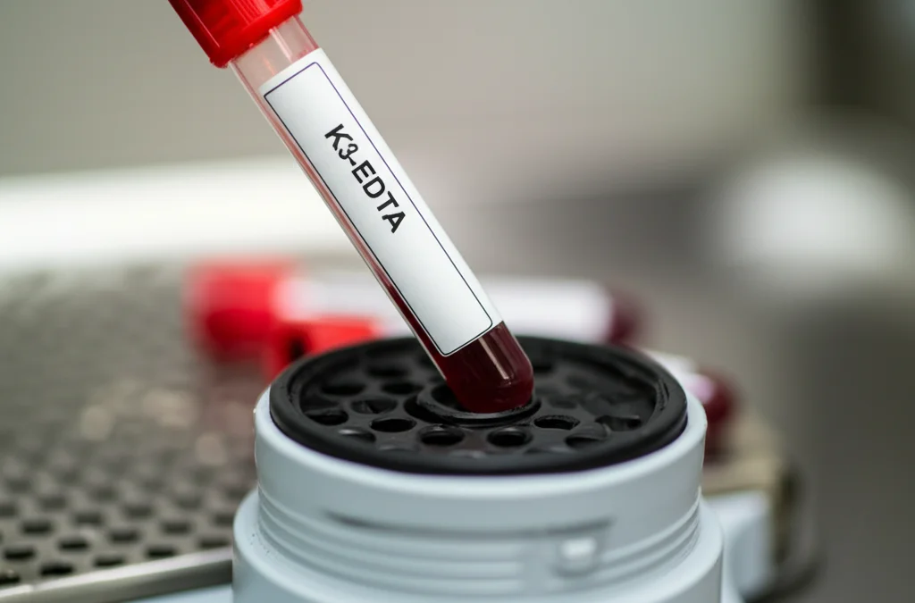 Primo piano macro di una provetta di sangue canino K3-EDTA posizionata su un agitatore all'interno del laboratorio mobile. Luce controllata che evidenzia i dettagli della provetta e del sangue. Obiettivo macro 100mm, messa a fuoco precisa, alta definizione.