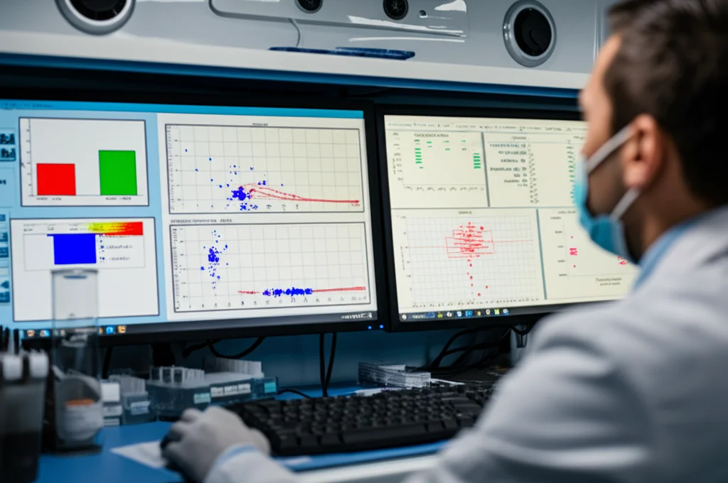 Fotografia realistica di un veterinario o tecnico di laboratorio che confronta i risultati su due schermi di computer all'interno del furgone-laboratorio mobile. Uno schermo mostra grafici di ematologia (es. Bland-Altman plot), l'altro dati di biochimica. Obiettivo zoom 24-70mm, profondità di campo che sfoca leggermente lo sfondo del laboratorio, illuminazione interna professionale.