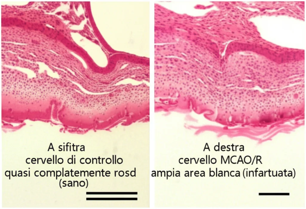 Immagine al microscopio di sezioni coronali del cervello di ratto colorate con TTC. A sinistra, cervello di controllo quasi completamente rosso (sano). A destra, cervello MCAO/R con ampia area bianca (infartuata). Stile fotorealistico, illuminazione da laboratorio, alta definizione.