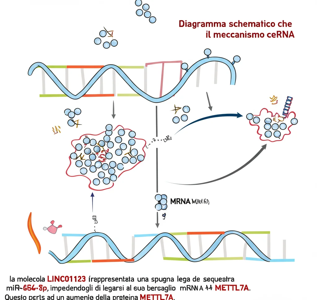 Diagramma schematico che illustra il meccanismo ceRNA: la molecola LINC01123 (rappresentata come una spugna) lega e sequestra miR-654-5p, impedendogli di legarsi al suo bersaglio mRNA METTL7A. Questo porta ad un aumento della proteina METTL7A. Stile grafico pulito, icone molecolari stilizzate.