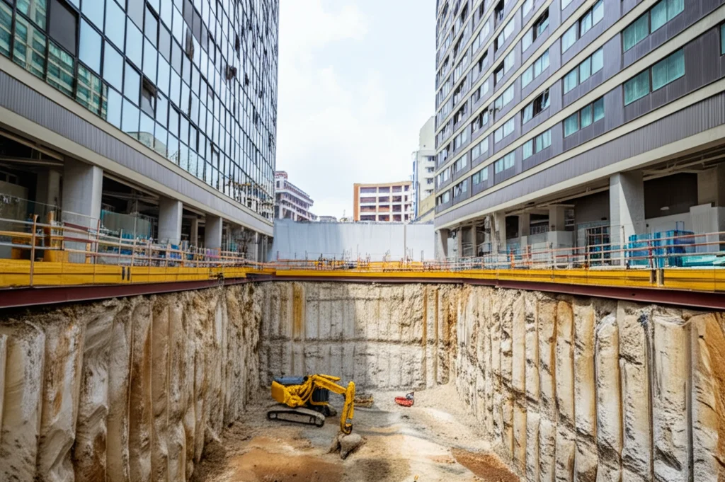 Fotografia grandangolare, 15mm, di un cantiere urbano complesso con uno scavo profondo realizzato tra due edifici alberghieri moderni adiacenti. Luce diurna controllata, messa a fuoco nitida sull'interazione tra la parete dello scavo e le fondamenta vicine, evidenziando la prossimità e la complessità ingegneristica.