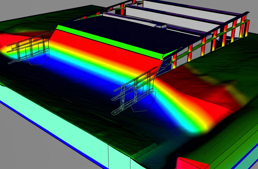Visualizzazione 3D da software di analisi agli elementi finiti (FEA) che mostra con codici colore le deformazioni del terreno (sollevamento al fondo dello scavo) e l'assestamento delle fondamenta a trave rovescia di un edificio alberghiero adiacente. Dettaglio elevato, illuminazione tecnica che enfatizza le zone di maggiore stress.