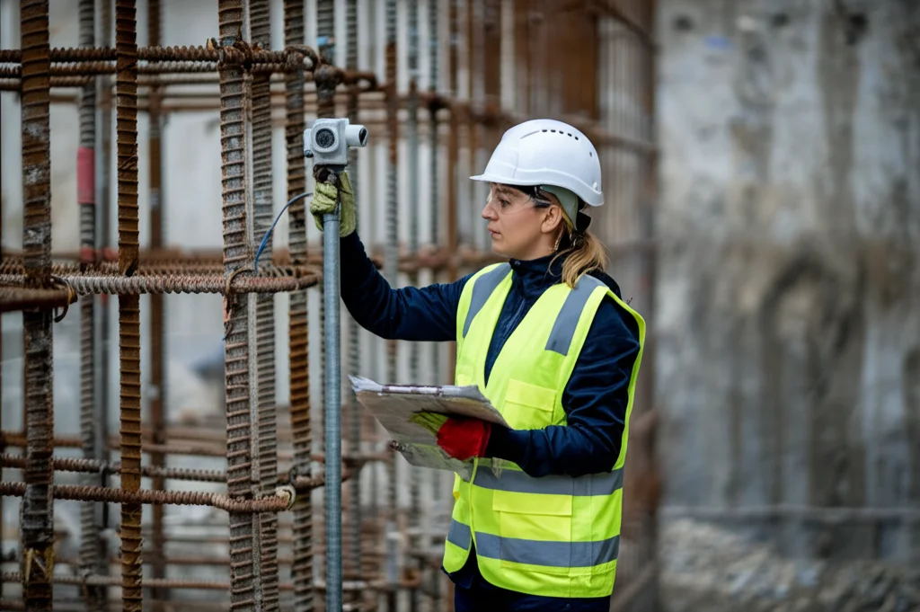 Fotografia stile ritratto, 50mm, di un ingegnere civile donna con elmetto e giubbotto ad alta visibilità che ispeziona attentamente sensori di monitoraggio (estensimetri o inclinometri) installati su un muro diaframma in cemento all'interno di un cantiere di scavo profondo. Profondità di campo ridotta, focus sull'ingegnere e sulla strumentazione tecnica, sfondo leggermente sfocato del cantiere.