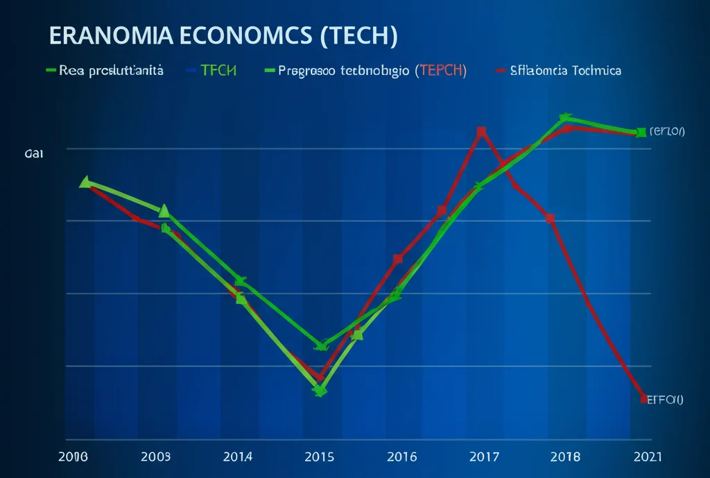 Un grafico astratto che visualizza dati economici complessi sulla sanità. Linee rosse discendenti indicano il calo della produttività totale (TFPCH) e del progresso tecnologico (TECH), mentre una linea verde ascendente mostra il miglioramento dell'efficienza tecnica (EFFCH). Sfondo blu scuro, illuminazione controllata, alto dettaglio, stile infografica moderna.