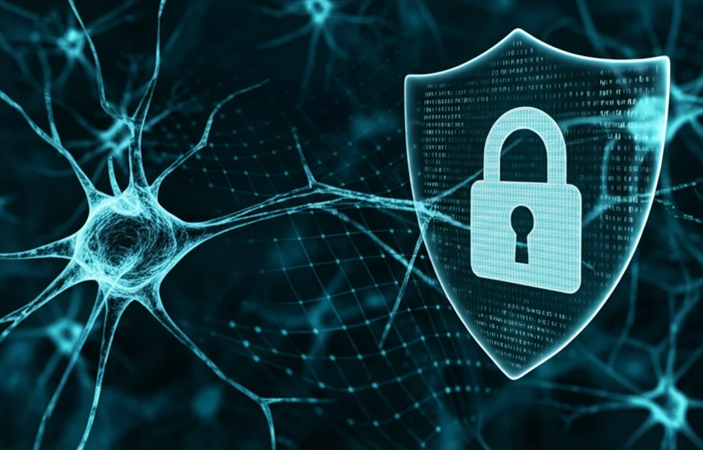 Illustrazione concettuale della privacy dei dati nell'IA, un modello di rete neurale protetto da uno scudo digitale trasparente, impedendo l'accesso a dati sensibili stilizzati sullo sfondo, prime lens, 35mm, depth of field.