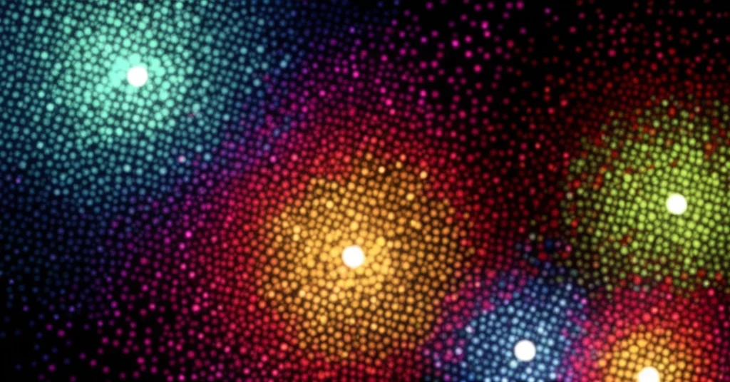 Visualizzazione astratta del processo di assegnazione di pseudo-etichette basato sull'entropia, con punti dati colorati che si raggruppano attorno a 'campioni centro fidati' luminosi, macro lens, 90mm, high detail, precise focusing.