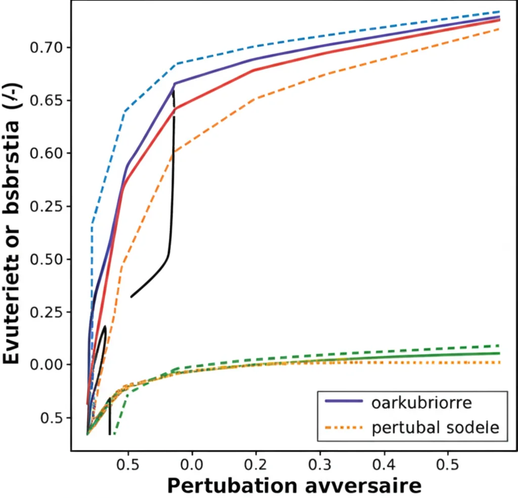 Grafico stilizzato che mostra la superiore robustezza di un modello AI (linea solida) rispetto ad altri (linee tratteggiate) contro perturbazioni avversarie (rumore digitale sovrapposto), visualizzazione dati, sharp focus, controlled lighting.
