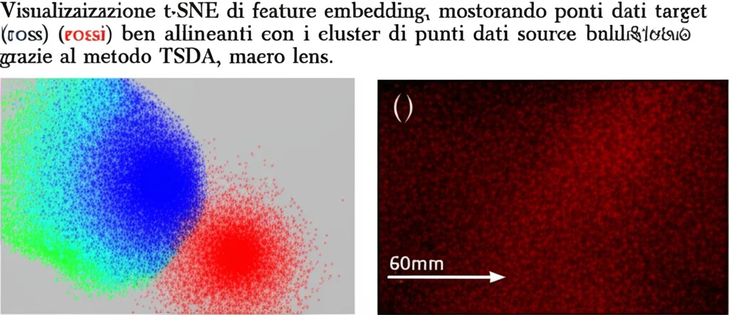 Visualizzazione t-SNE di feature embedding, mostrando punti dati target (rossi) ben allineati con i cluster di punti dati source (blu) grazie al metodo TSDA, macro lens, 60mm, high detail.