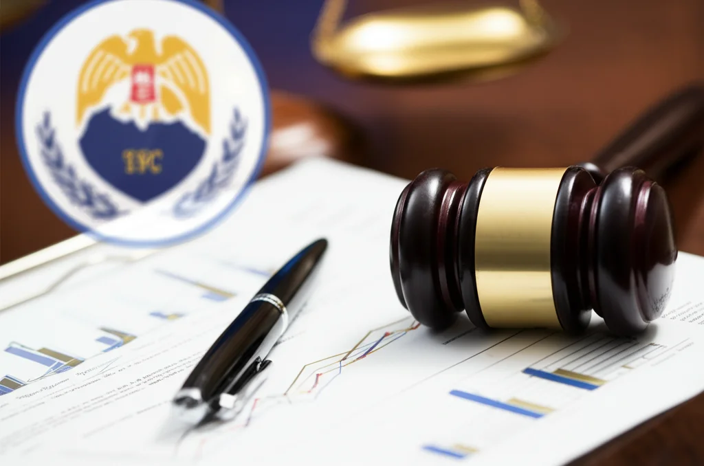 Un primo piano su documenti legali e un logo aziendale sfocato sullo sfondo, illuminazione controllata, obiettivo macro 60mm, alta definizione per simboleggiare l'analisi della sincerità aziendale in contesti legali ed etici.