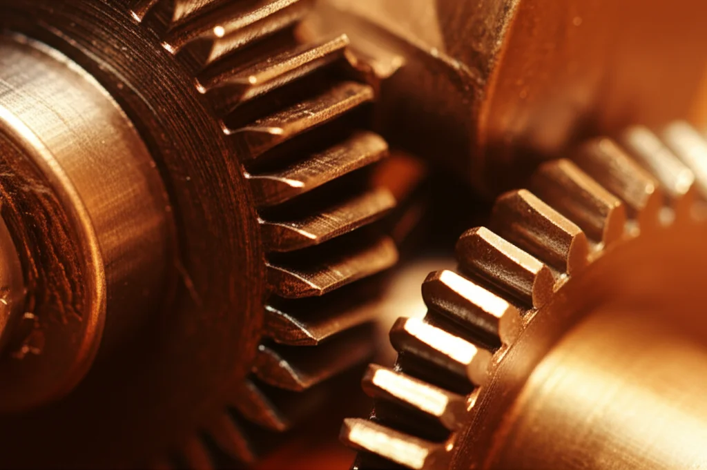 Fotografia macro di ingranaggi metallici interconnessi che brillano sotto una luce precisa, 100mm, alta definizione, a simboleggiare i processi interni e le procedure aziendali che realizzano gli atteggiamenti di valore.