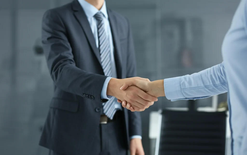 Ritratto di due persone che si stringono la mano in un ufficio moderno, una in giacca e cravatta, l'altra più casual, obiettivo 35mm, profondità di campo, toni duo blu e grigio, per rappresentare la fiducia e le relazioni costruite sulla sincerità aziendale percepita.