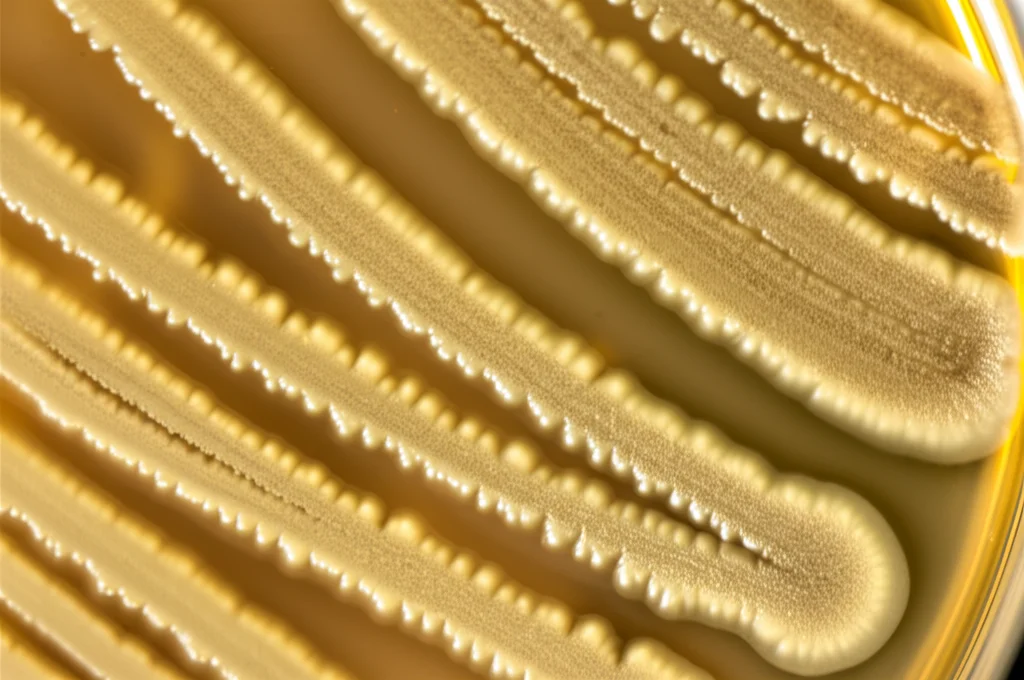 Primo piano di colonie batteriche di Bacillus velezensis Lzh-5 su una piastra di Petri in laboratorio che mostrano un alone di inibizione contro un fungo patogeno (es. Fusarium). Macro lens, 70mm, high detail, precise focusing, controlled lighting, shallow depth of field.