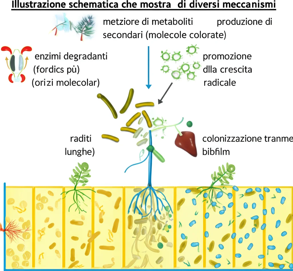 Illustrazione schematica che mostra i diversi meccanismi di Bacillus velezensis Lzh-5: produzione di metaboliti secondari (molecole colorate), enzimi degradanti (forbici molecolari), promozione della crescita radicale (radici più lunghe), e colonizzazione tramite biofilm. Stile infografica scientifica con elementi fotorealistici.