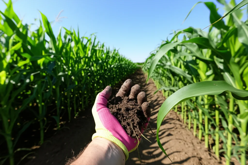 Campo agricolo rigoglioso con piante di mais sane e verdi sotto un cielo azzurro. In primo piano, una mano guantata da agricoltore tiene una manciata di terreno fertile da cui spuntano piccole radici. Wide-angle lens, 20mm, sharp focus, luce solare naturale, colori vividi.