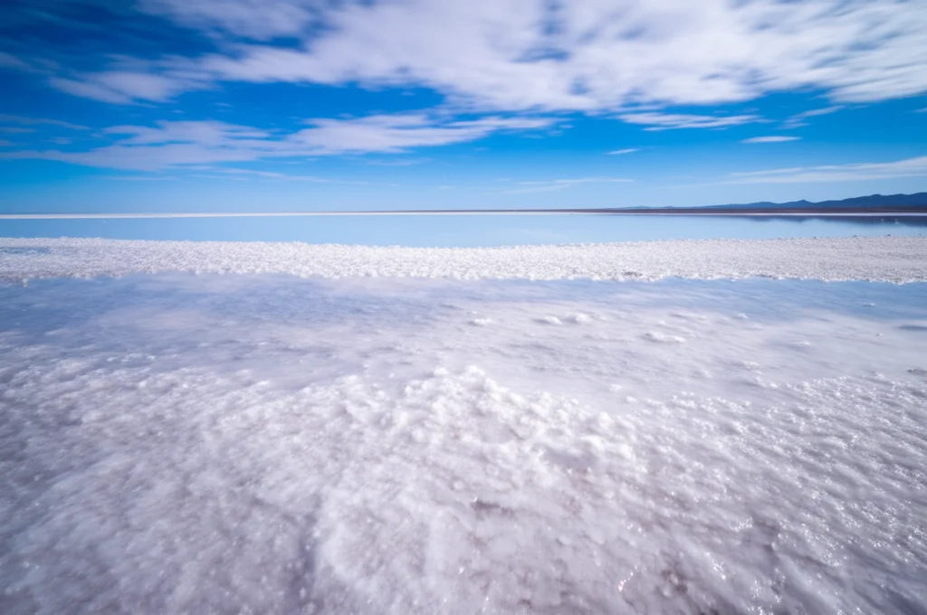 Paesaggio del Lago Salato di Qarhan, Cina. Vista grandangolare (10-24mm) che mostra le vaste saline bianche e piatte sotto un cielo azzurro parzialmente nuvoloso. Focus nitido su tutta la scena, lunga esposizione per rendere lisce eventuali piccole pozze d'acqua visibili. Dettaglio elevato sulla texture cristallina del sale in primo piano.