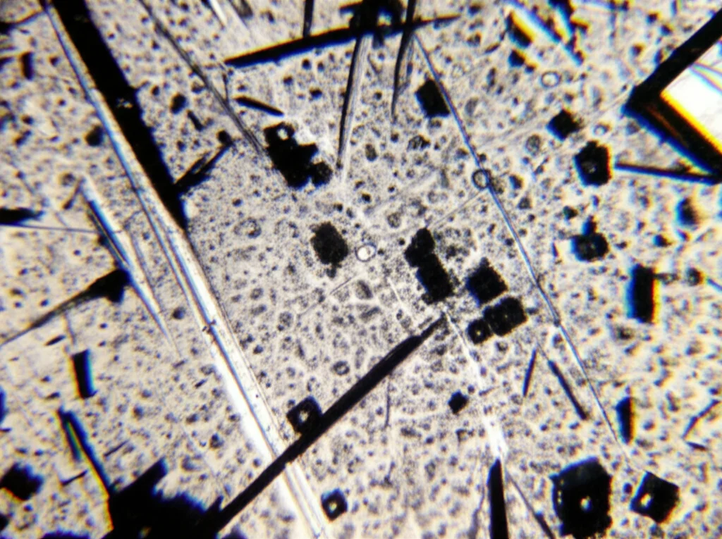 Microfotografia ad alta definizione di un cristallo di halite (salgemma). Obiettivo macro (100mm), illuminazione controllata laterale per evidenziare le inclusioni fluide primarie, di forma squadrata e distribuite in bande (pattern a chevron). Messa a fuoco precisa sulle inclusioni, mostrando alcune come liquide monofase.
