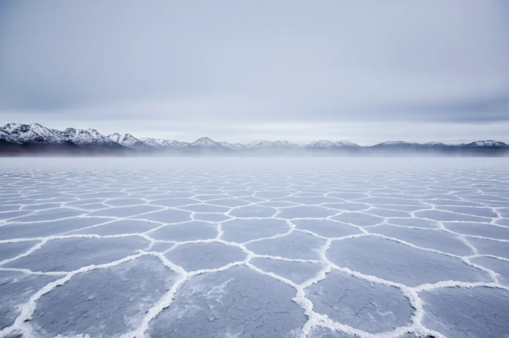 Illustrazione concettuale del Lago Salato di Qarhan durante un periodo glaciale freddo e secco. Saline estese e concentrate, con poca acqua visibile. Evaporazione intensa rappresentata come foschia bassa. Montagne innevate sullo sfondo sotto un cielo dai colori freddi (grigi, blu pallidi). Obiettivo zoom (35mm) con profondità di campo che include sia il lago che le montagne.
